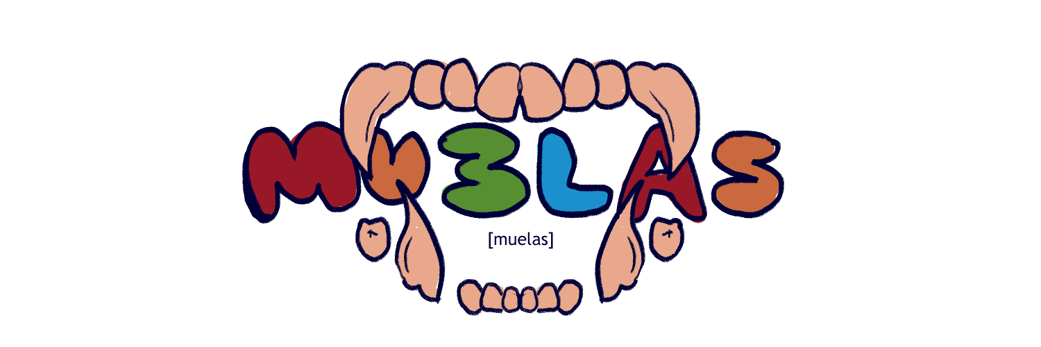 a logo that says muelas with a 3 instead of an e, each letter is a different color and there is teeth around the letters